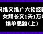 小说推文推广大佬经验分享，女频长文1天1万收益爆单思路(上)