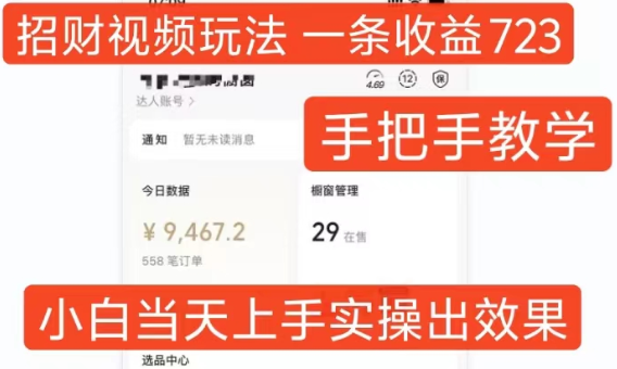 招财视频玩法，一条视频收益723，手把手教学，小白当天可上手